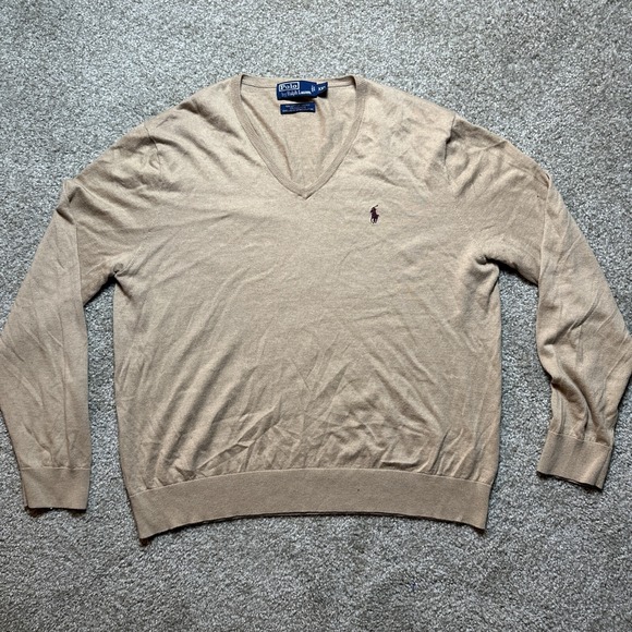 Polo Ralph Lauren Mens Brown V-Neck XXL Silk Cashmere Blend Sweater Pullover VTG - Picture 1 of 6